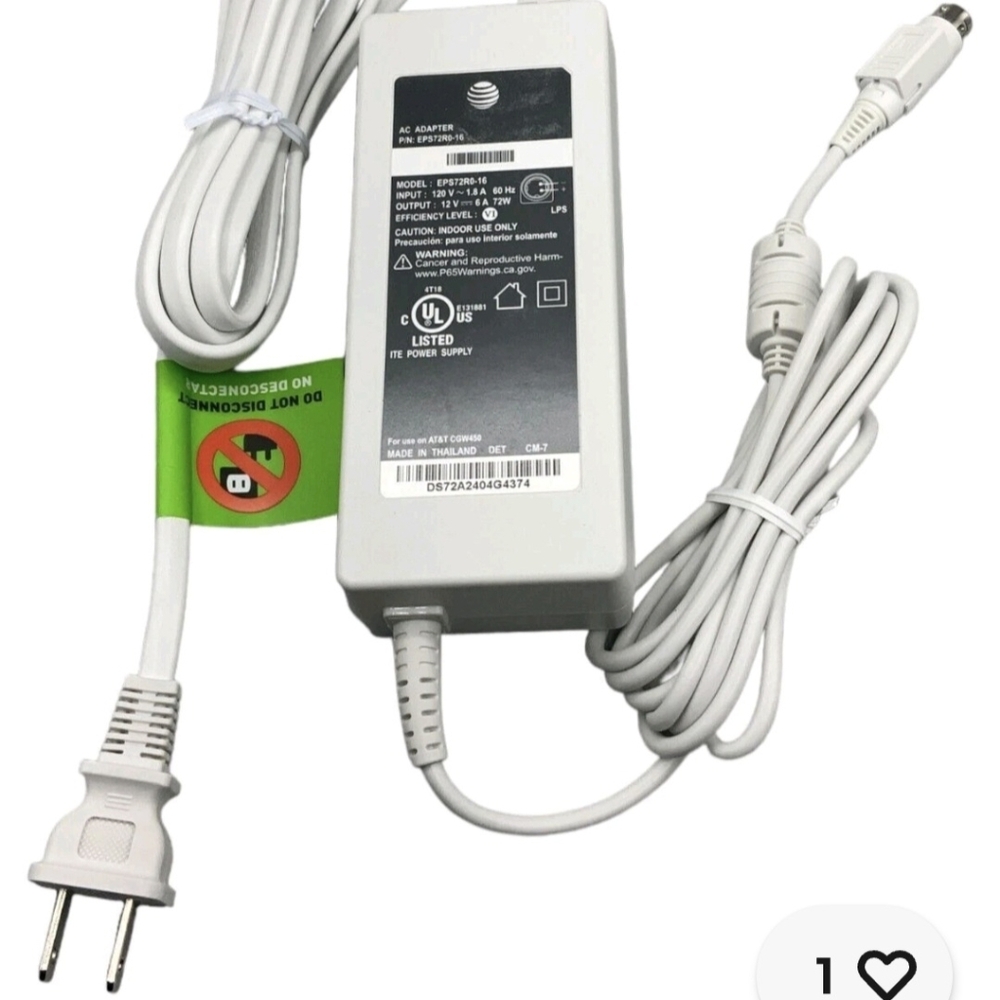 AT&T ACAdapter EPS72R0-16 12V 6A 72W Power Supply CGW450 White New